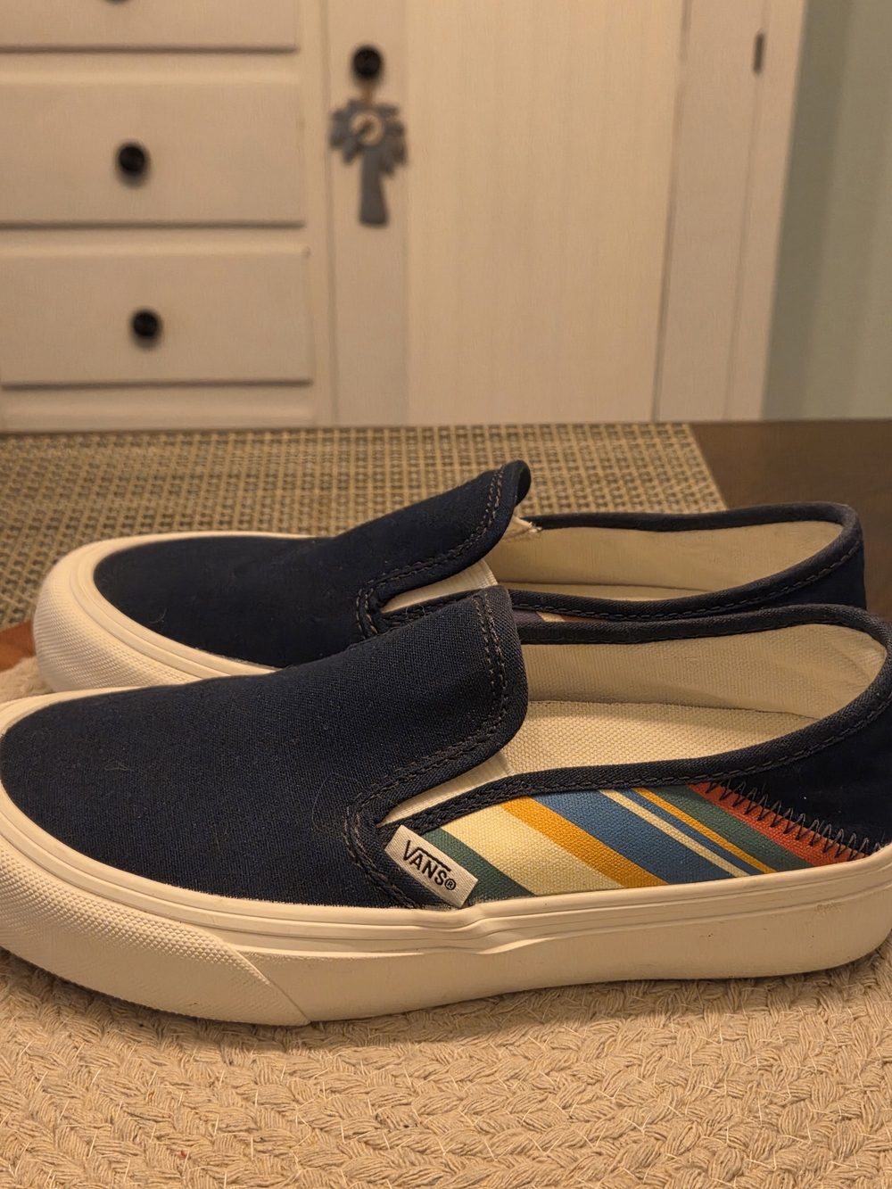 Vans Womens Slip-On Navy Canvas Shoes with Multicolor Stripe